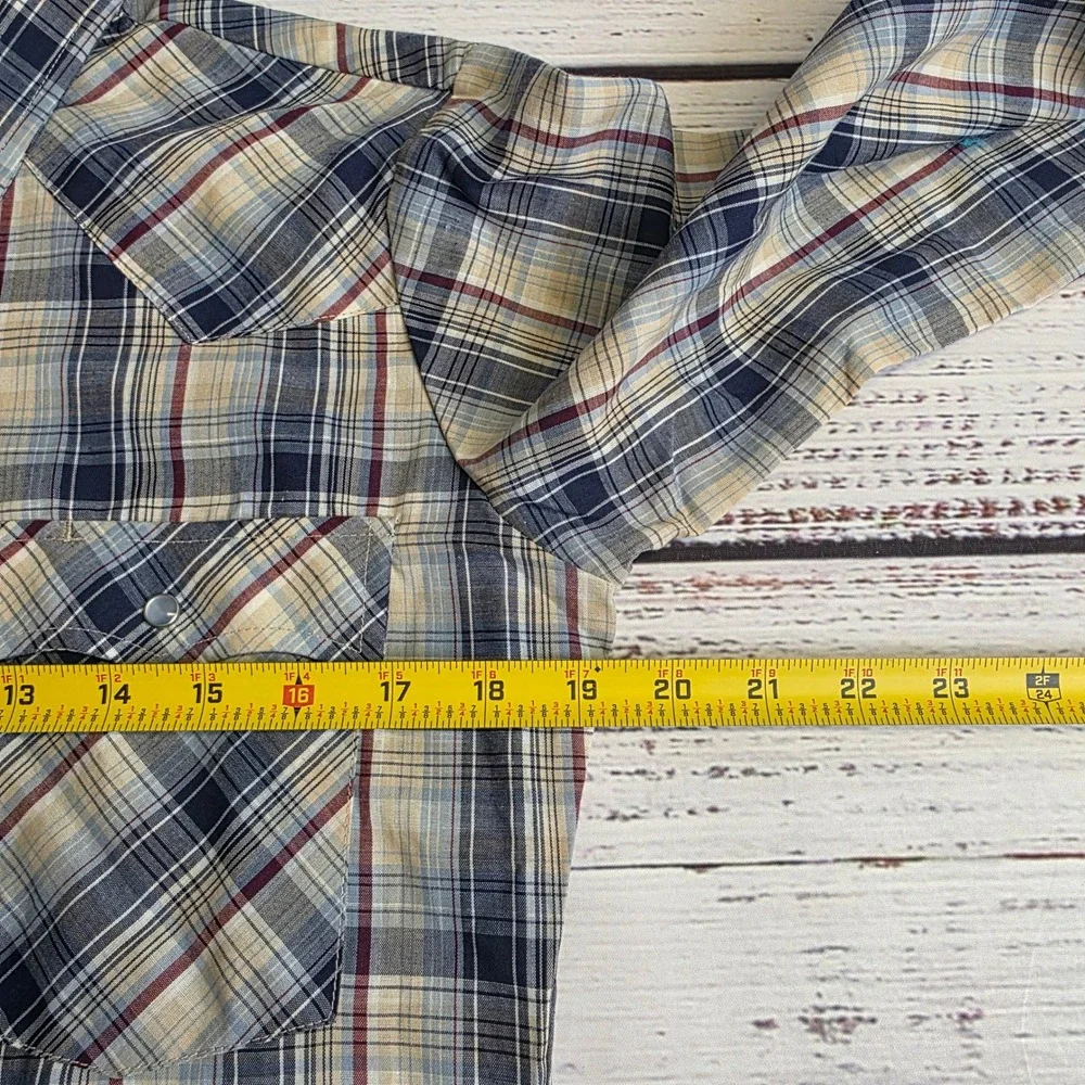 Vintage 1984 Levis Western Pearl Snap Shirt Mens Small Plaid Blue Tan Light Thin